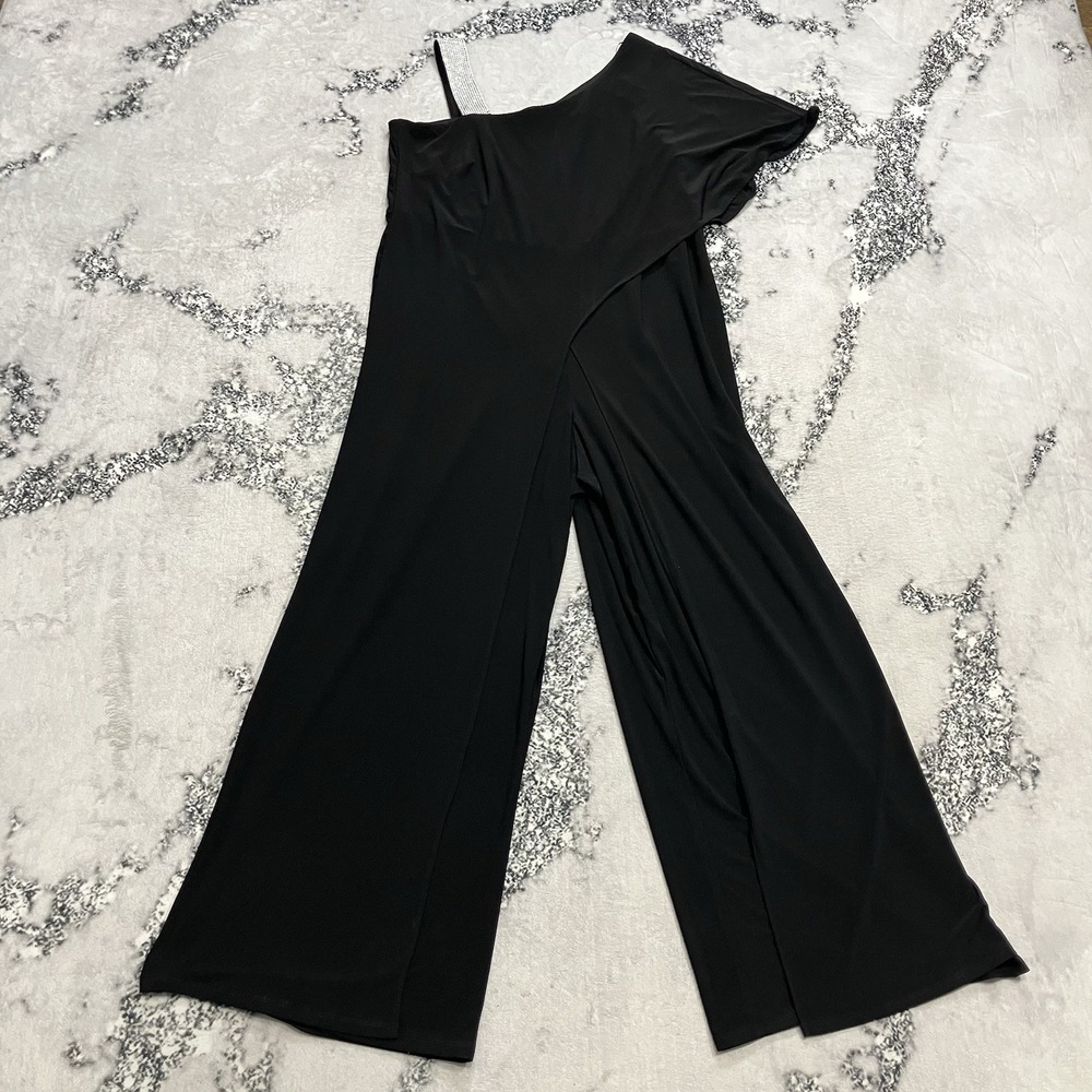 R&M Richards One Shoulder Jumpsuit Womens 14W‎ Black Wide Leg Formal Evening